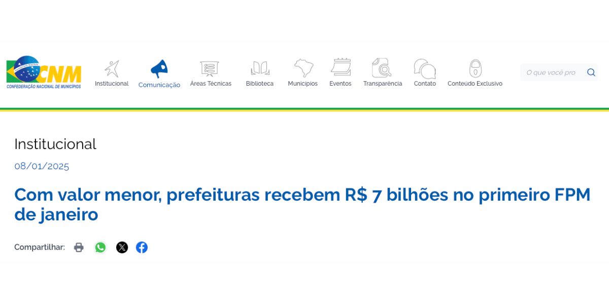 Montagem de manchetes de jornal fictícias sobre a crise do FPM e a dificuldade financeira dos municípios.