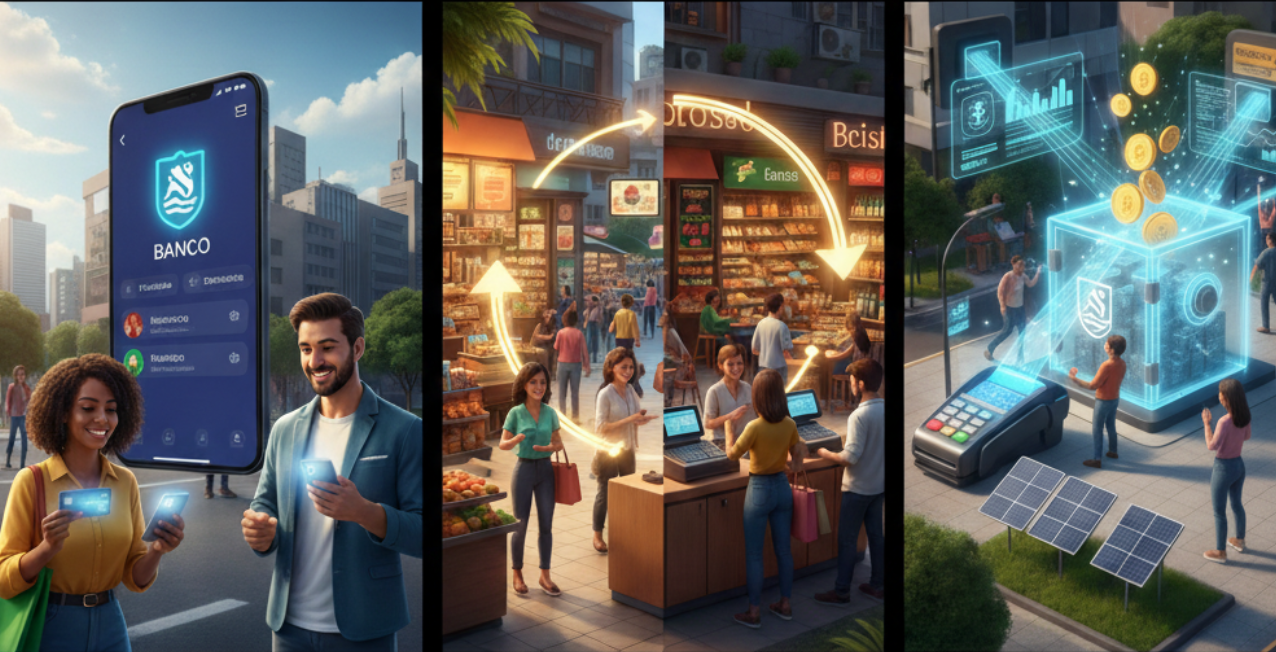 Infográfico que detalha o funcionamento dos três pilares: Banco Digital, Circuito Fechado e Adquirente Municipal, mostrando o fluxo de dinheiro.